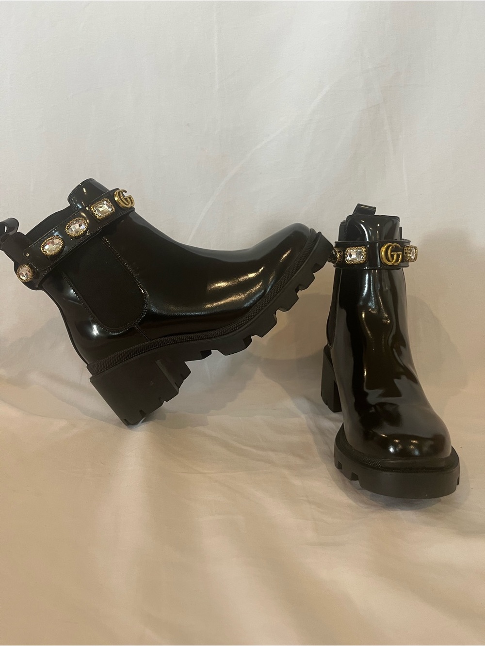 Gucci Women’s Black Patent Leather Chelsea Ankle Boots Crystal GG Lug Sole